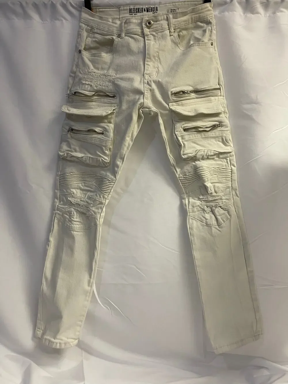 Bleecker & Mercer Men’s White Distressed Cargo Moto Jeans 32x30 Slim Fit